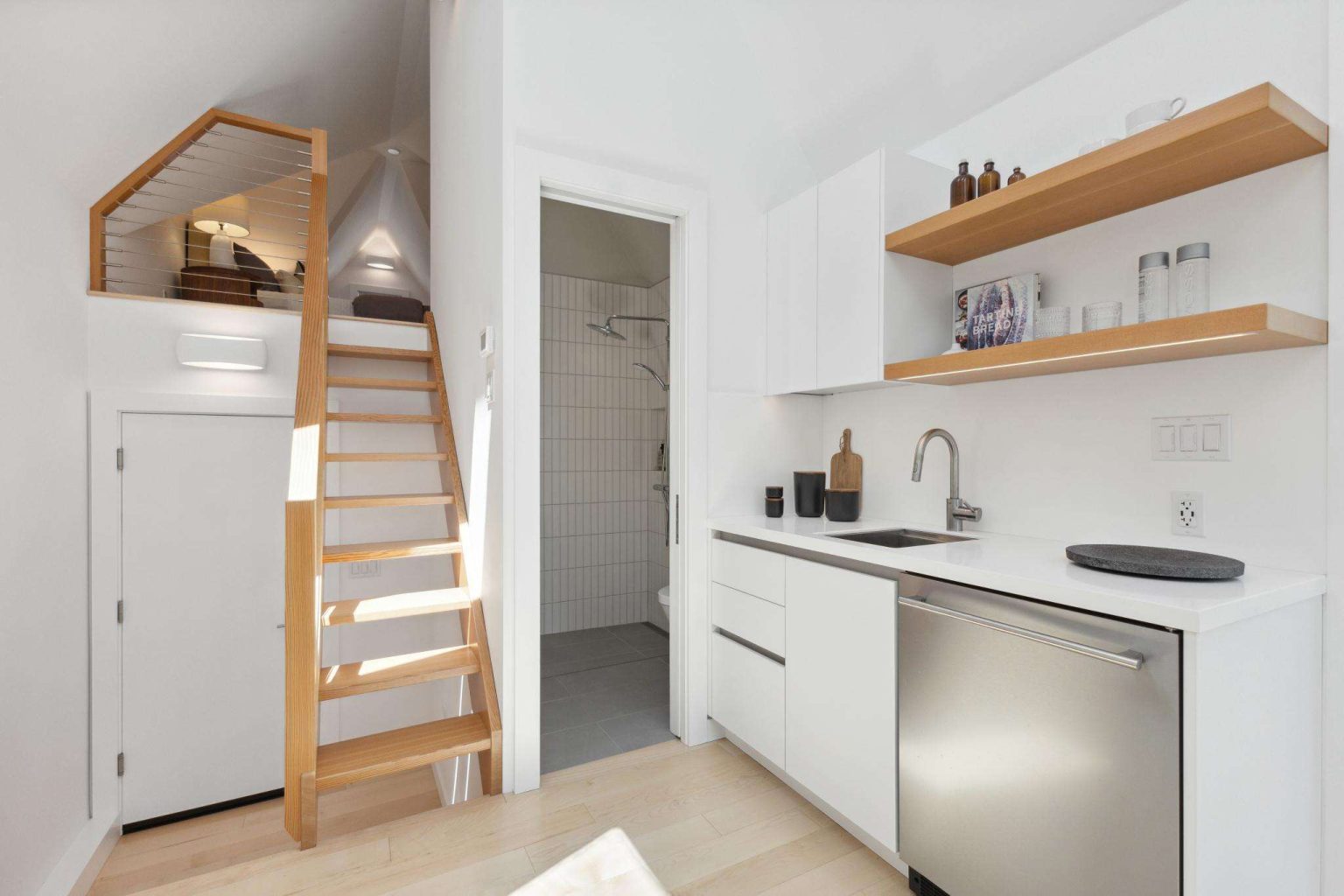 Kitchenette and bath door in a West Berkeley ADU