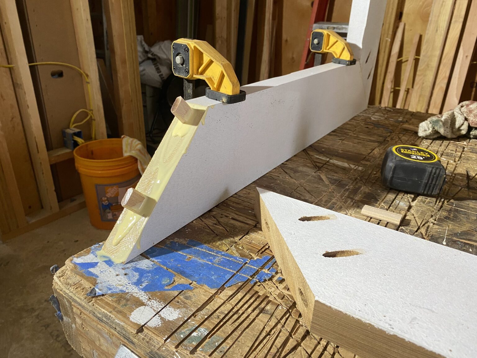 Casing preassembly for the trim joints on our Piedmont addition: glue on the miter face, two Domino tenons set in, and the mating piece's mortises beside it